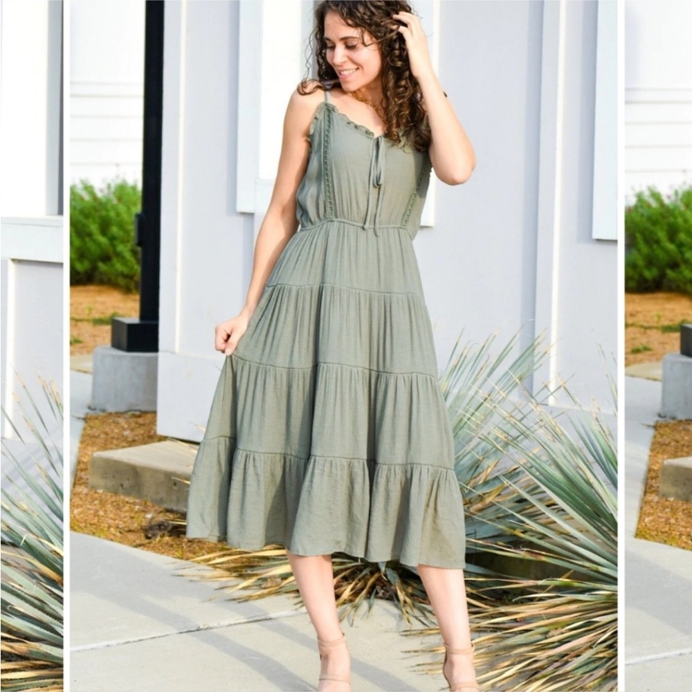 Mine Sage Green Tiered Midi Dress